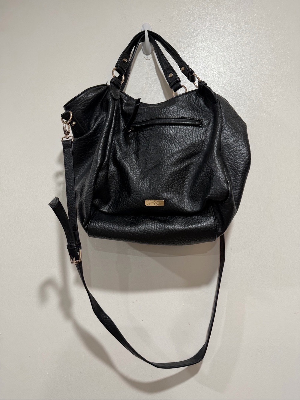 Jessica Simpson Black Faux Leather Moto Satchel Shoulder Bag Gold Hardware - Picture 5 of 10